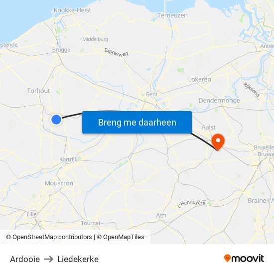 Ardooie to Liedekerke map