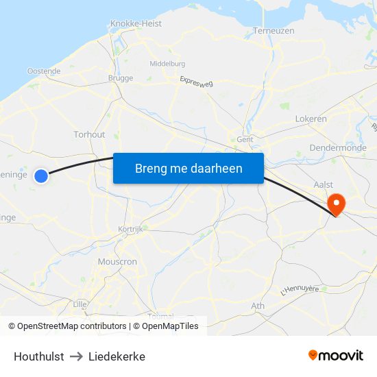 Houthulst to Liedekerke map
