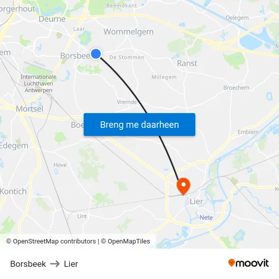 Borsbeek to Lier map