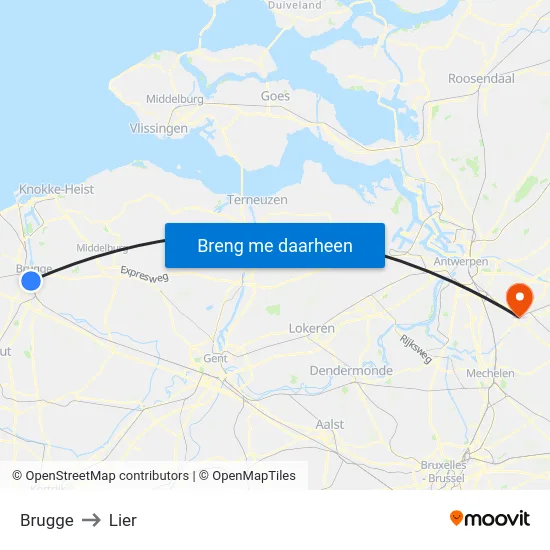 Brugge to Lier map