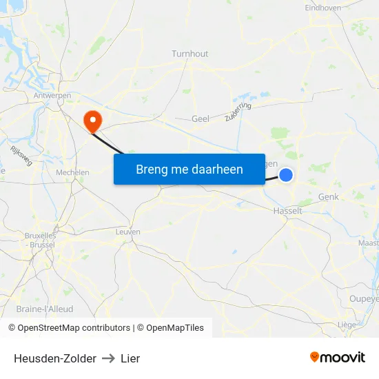 Heusden-Zolder to Lier map