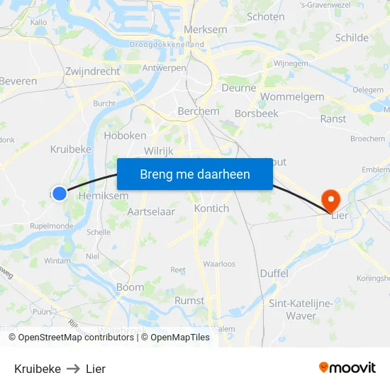 Kruibeke to Lier map