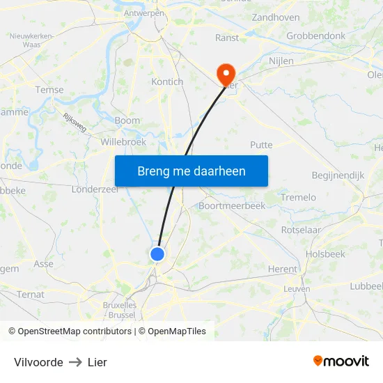 Vilvoorde to Lier map