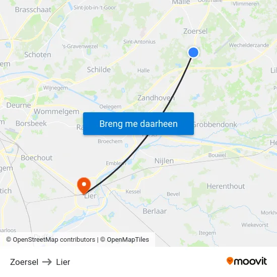 Zoersel to Lier map