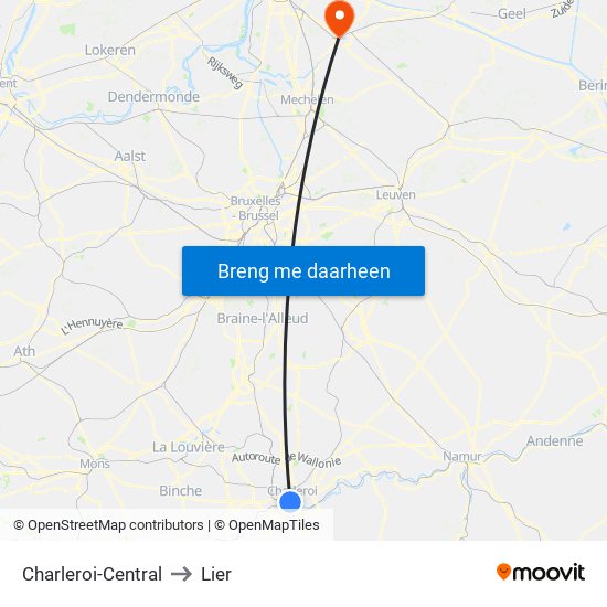 Charleroi-Central to Lier map