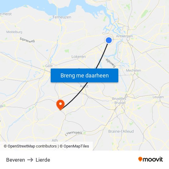 Beveren to Lierde map
