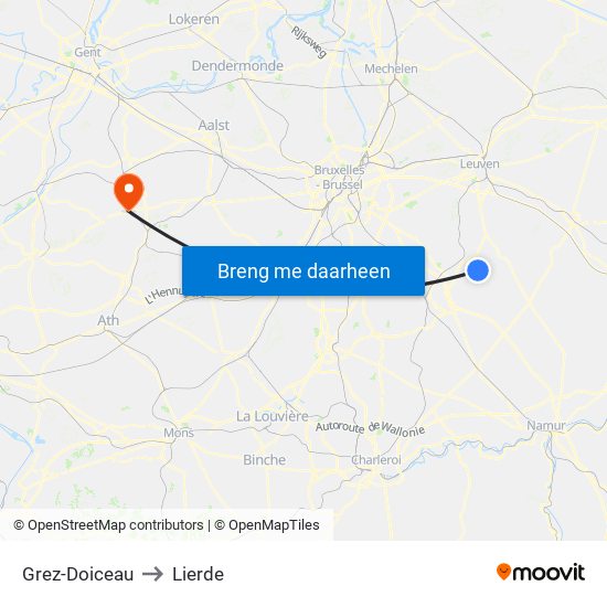 Grez-Doiceau to Lierde map