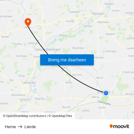 Herne to Lierde map