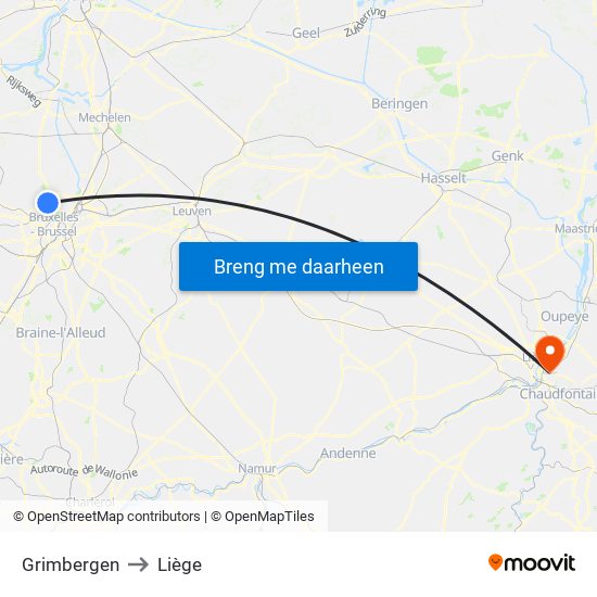 Grimbergen to Liège map