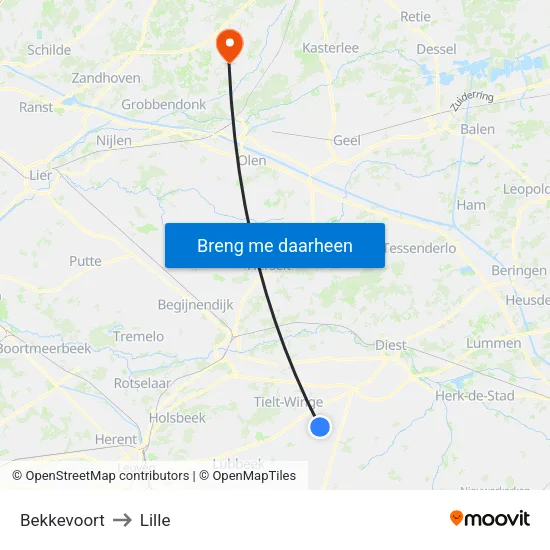 Bekkevoort to Lille map