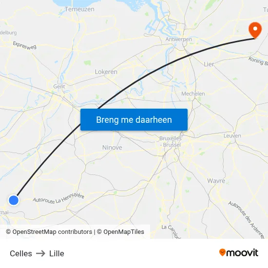 Celles to Lille map