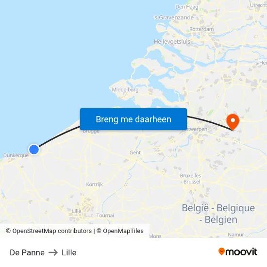 De Panne to Lille map