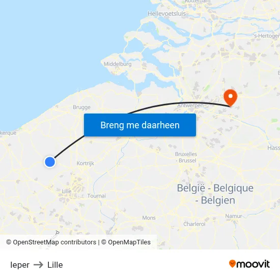 Ieper to Lille map
