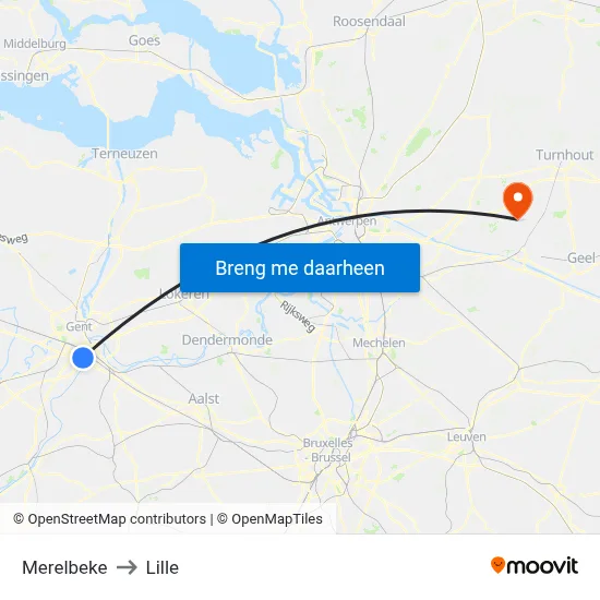 Merelbeke to Lille map