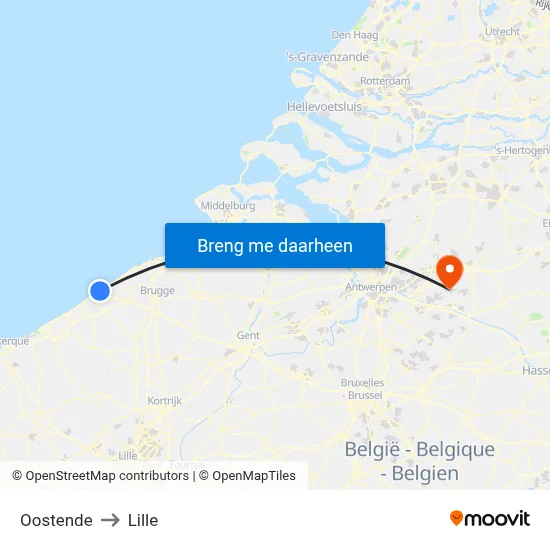 Oostende to Lille map