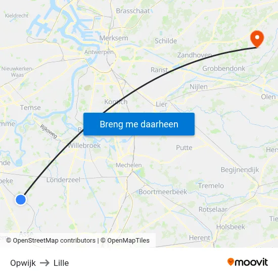 Opwijk to Lille map