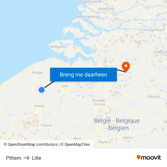 Pittem to Lille map
