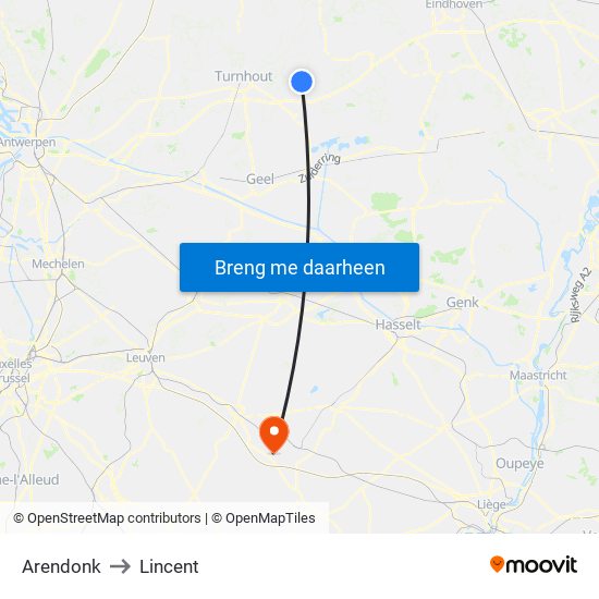 Arendonk to Lincent map