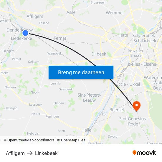 Affligem to Linkebeek map