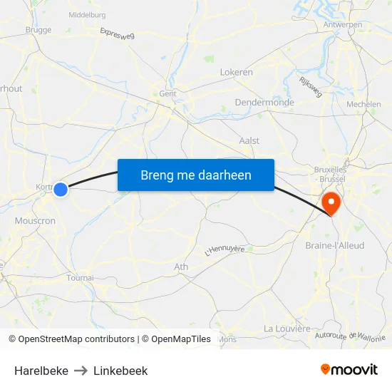 Harelbeke to Linkebeek map
