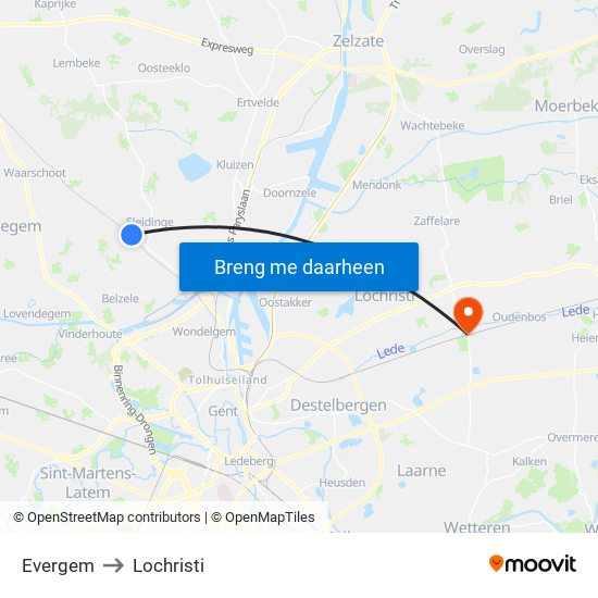 Evergem to Lochristi map