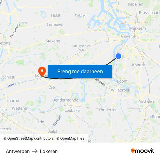 Antwerpen to Lokeren map