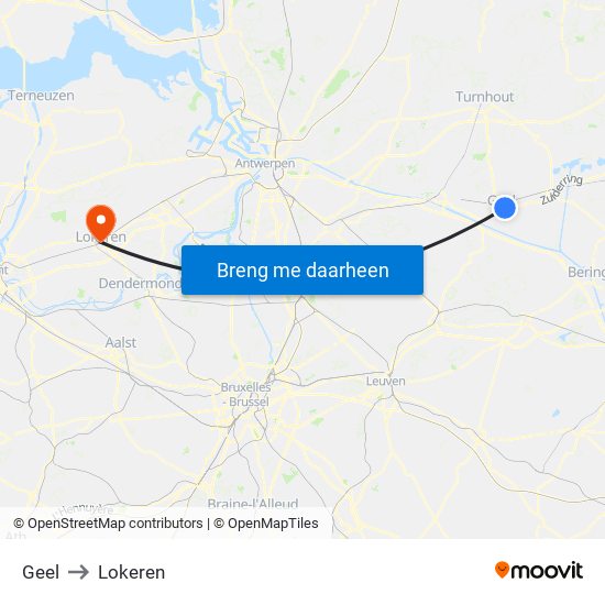 Geel to Lokeren map