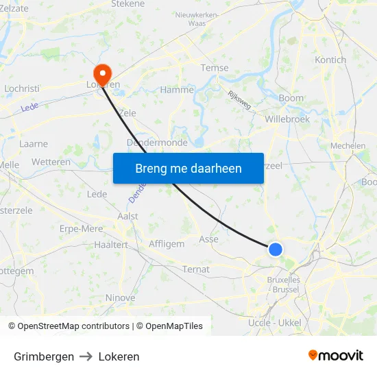 Grimbergen to Lokeren map
