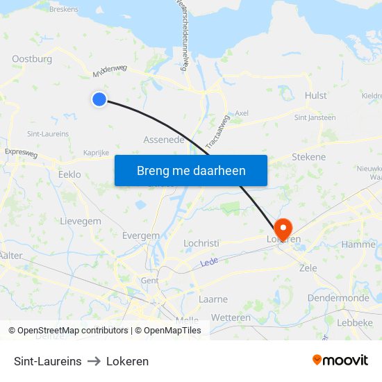 Sint-Laureins to Lokeren map