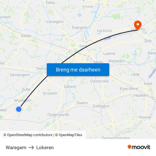 Waregem to Lokeren map