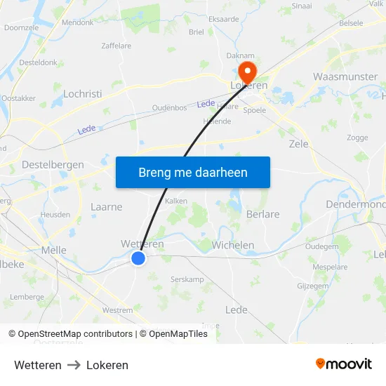 Wetteren to Lokeren map