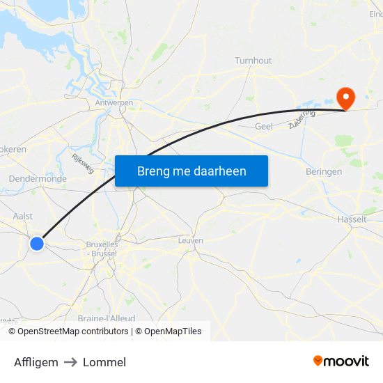 Affligem to Lommel map