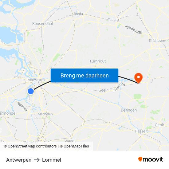 Antwerpen to Lommel map