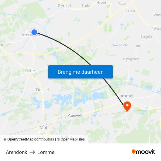 Arendonk to Lommel map