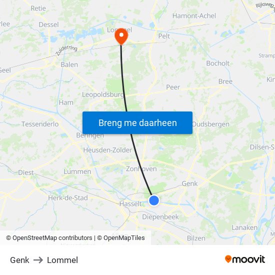 Genk to Lommel map