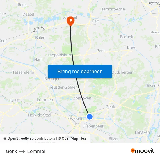 Genk to Lommel map