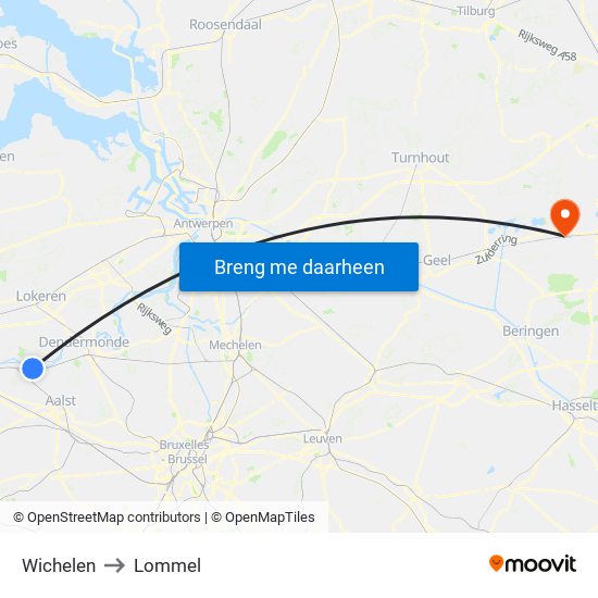 Wichelen to Lommel map