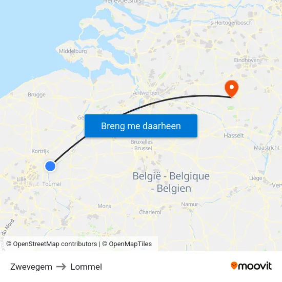 Zwevegem to Lommel map