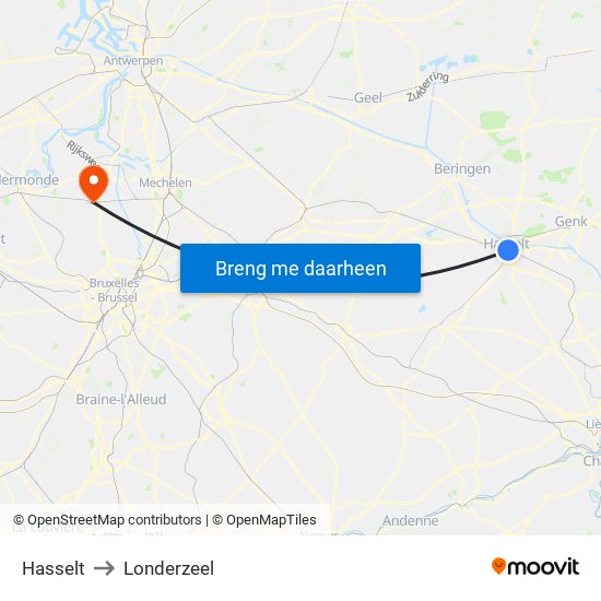 Hasselt to Londerzeel map