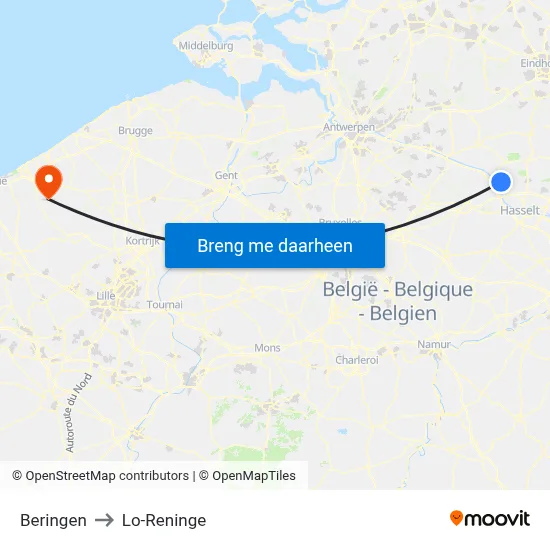 Beringen to Lo-Reninge map