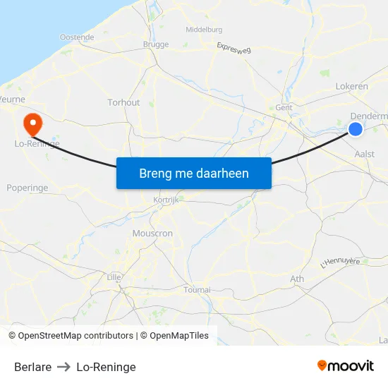Berlare to Lo-Reninge map
