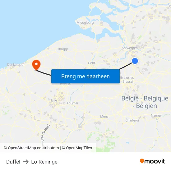 Duffel to Lo-Reninge map