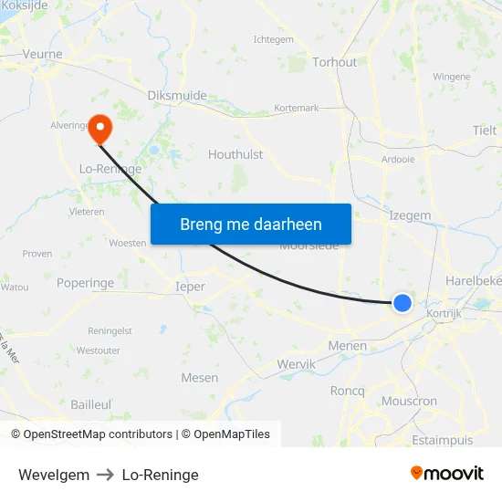Wevelgem to Lo-Reninge map