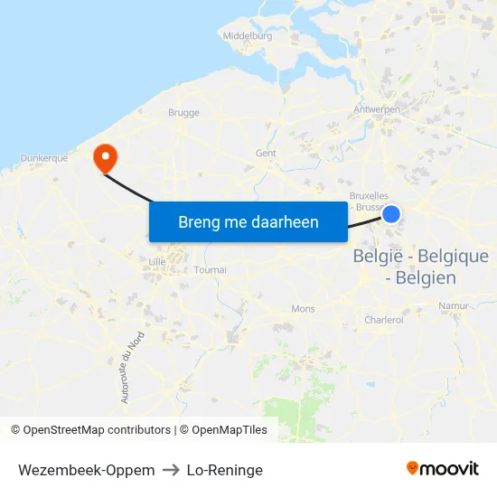 Wezembeek-Oppem to Lo-Reninge map