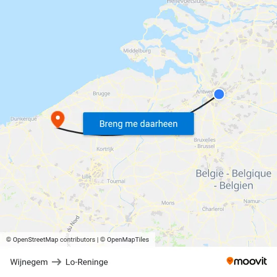 Wijnegem to Lo-Reninge map