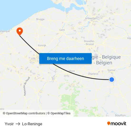Yvoir to Lo-Reninge map