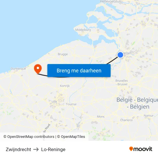 Zwijndrecht to Lo-Reninge map