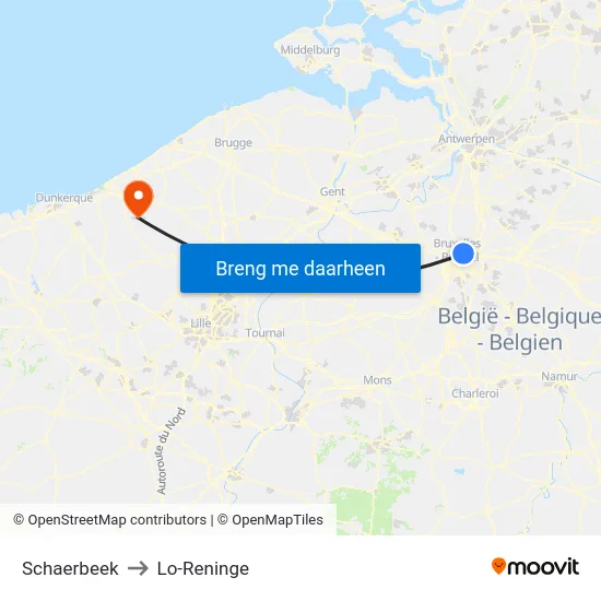 Schaerbeek to Lo-Reninge map