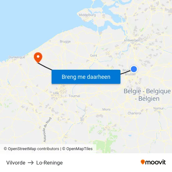 Vilvorde to Lo-Reninge map