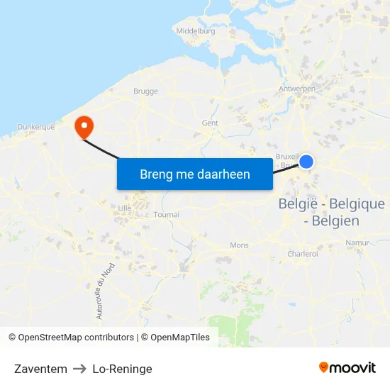 Zaventem to Lo-Reninge map